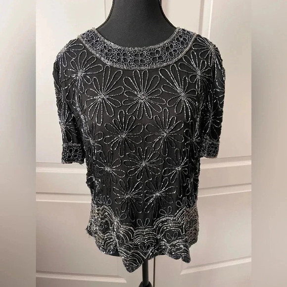 Papell Boutique |  Black Floral Beaded Top | Size XL [164] - Picture 5 of 9